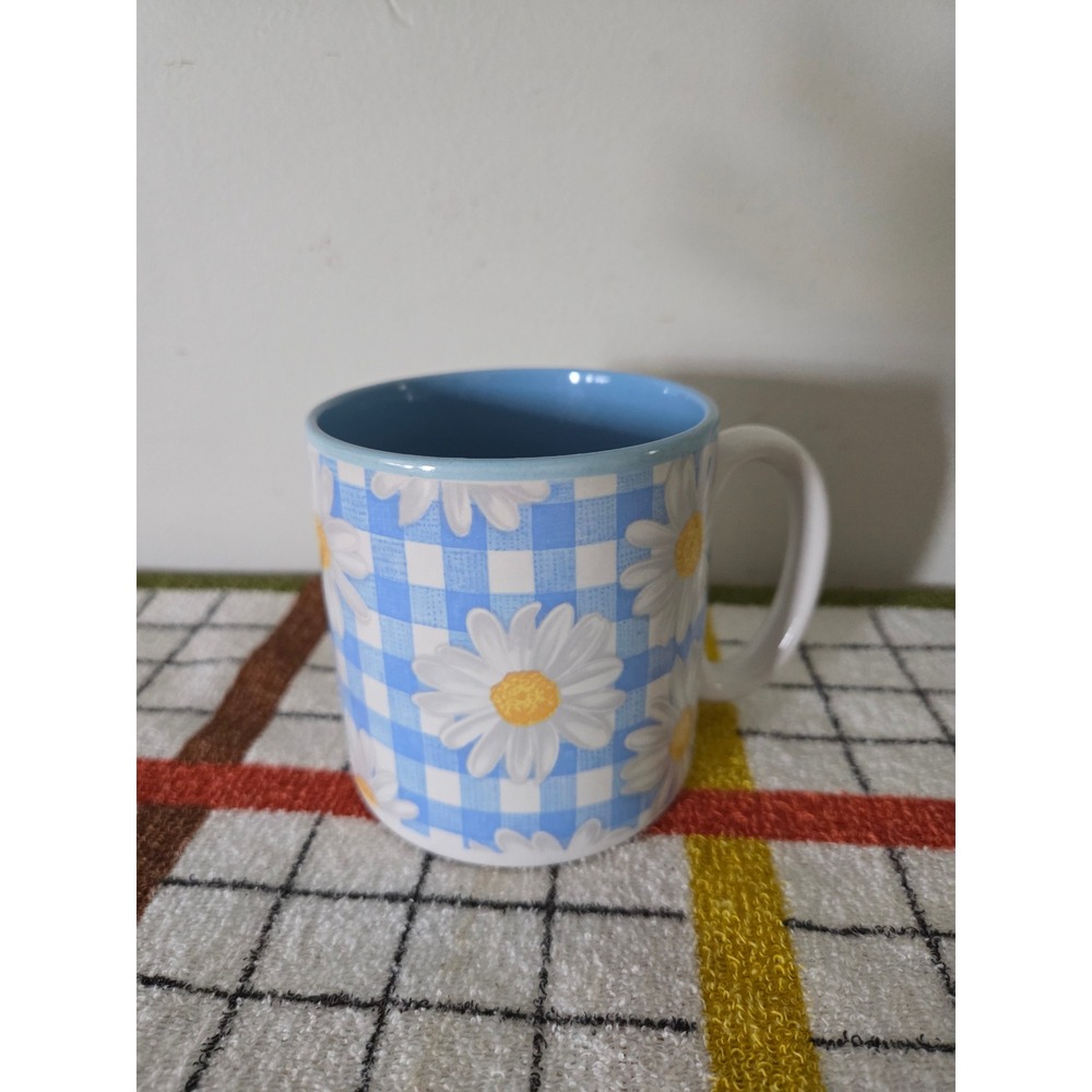 Flowers Inc Balloons Daisy Gingham Coffee Mug Blue White Floral Ceramic #658900